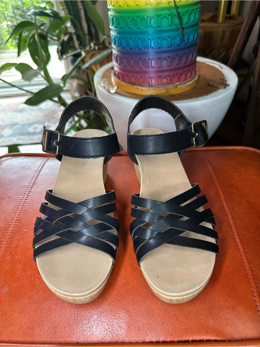 Dr. Scholl's Black Strappy Wedge Sandals with Buckle